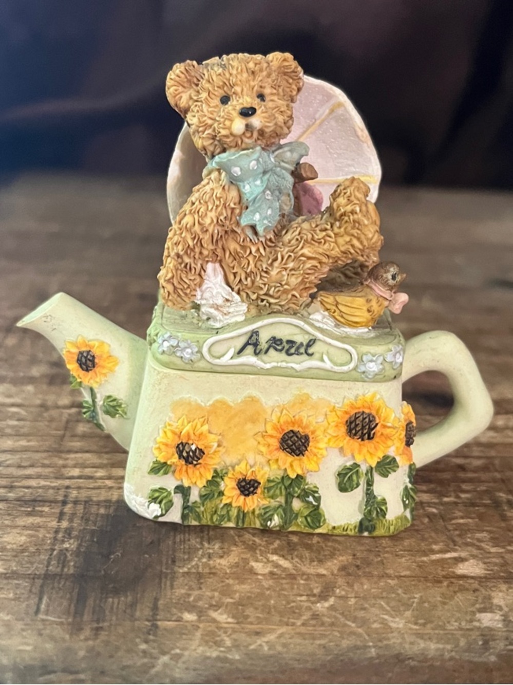 April Bear Sunflower Teapot Trinket Box - Decorative Brown & Yellow Accent